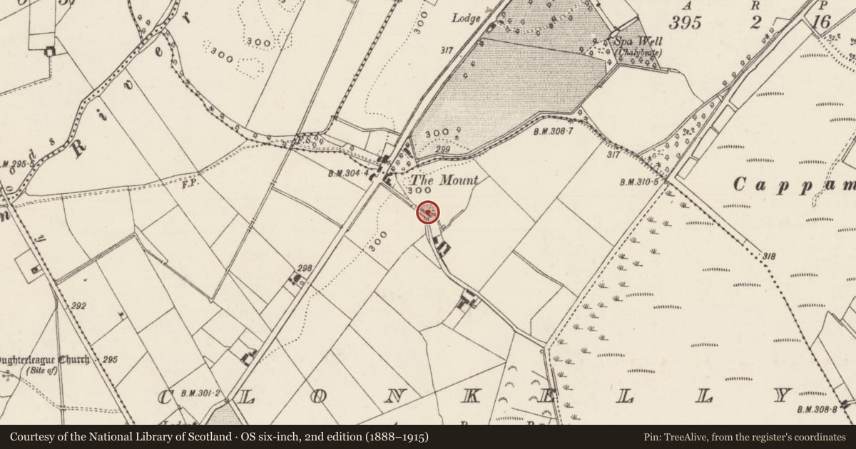 Ordnance Survey six-inch map, 2nd edition (1888–1915) covering the location of Barrow - unclassified, Clonkelly, County Tipperary South, with a pin at the register's coordinates