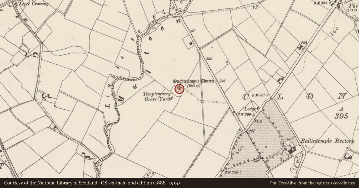 Ordnance Survey six-inch map, 2nd edition (1888–1915) covering the location of Church, Clonaspoe, County Tipperary South, with a pin at the register's coordinates