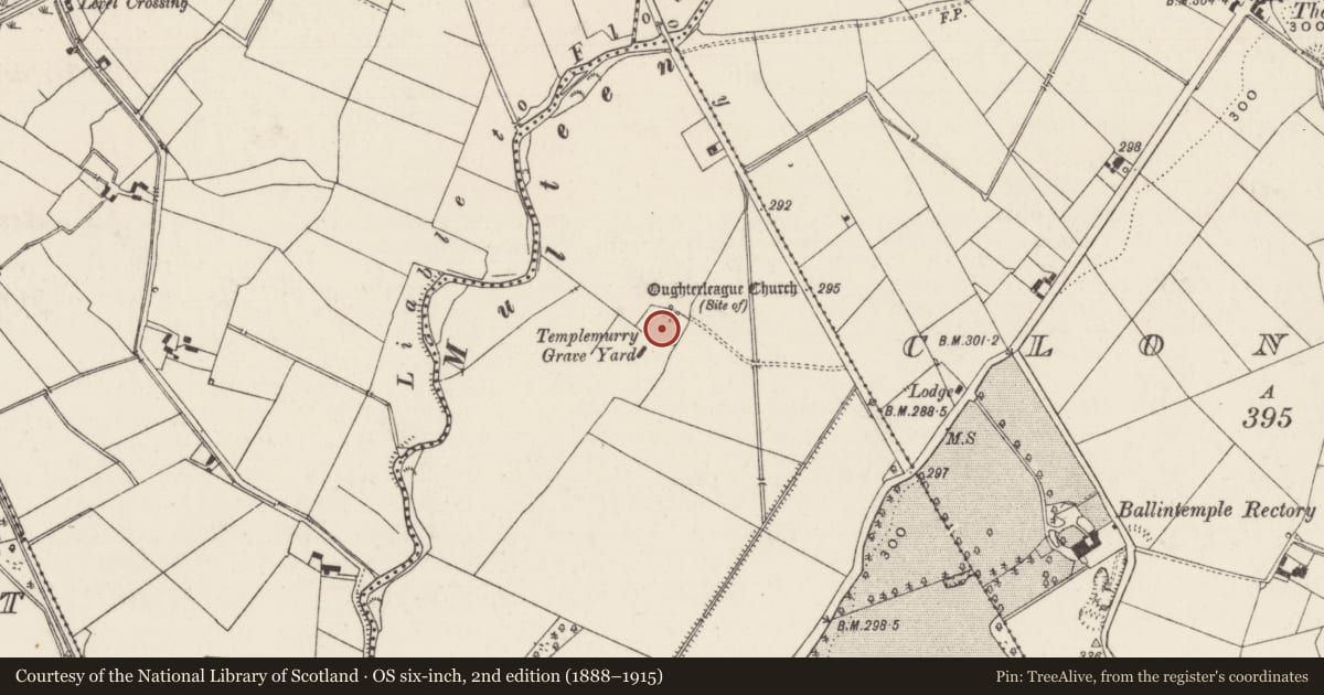 Ordnance Survey six-inch map, 2nd edition (1888–1915) covering the location of Graveyard, Clonaspoe, County Tipperary South, with a pin at the register's coordinates