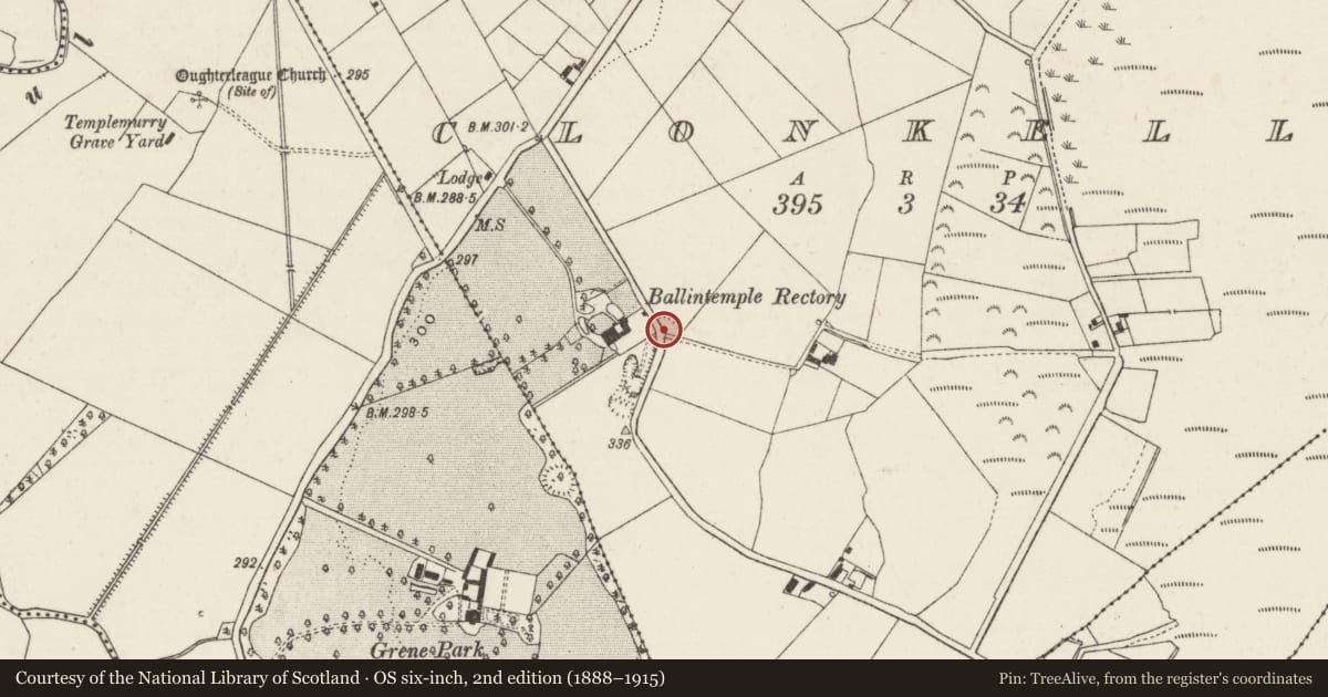 Ordnance Survey six-inch map, 2nd edition (1888–1915) covering the location of Enclosure, Clonkelly, County Tipperary South, with a pin at the register's coordinates