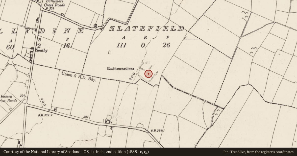 Ordnance Survey six-inch map, 2nd edition (1888–1915) covering the location of Enclosure, Slatefield, Kilshenane, County Tipperary South, with a pin at the register's coordinates