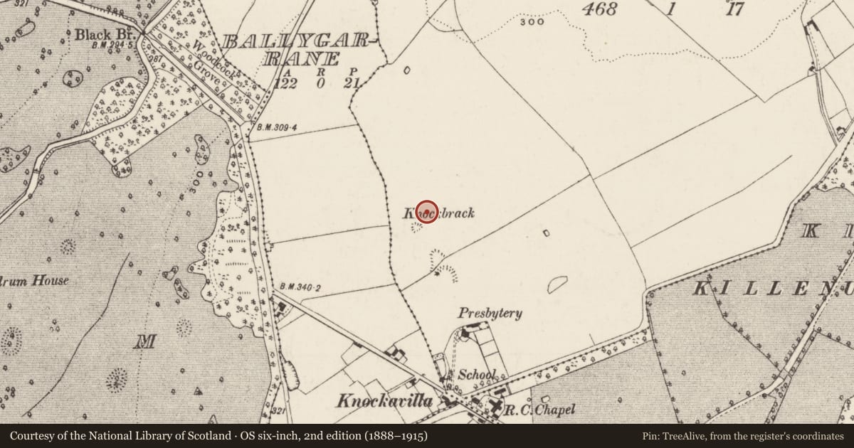 Ordnance Survey six-inch map, 2nd edition (1888–1915) covering the location of Standing stone, Clonaspoe, County Tipperary South, with a pin at the register's coordinates