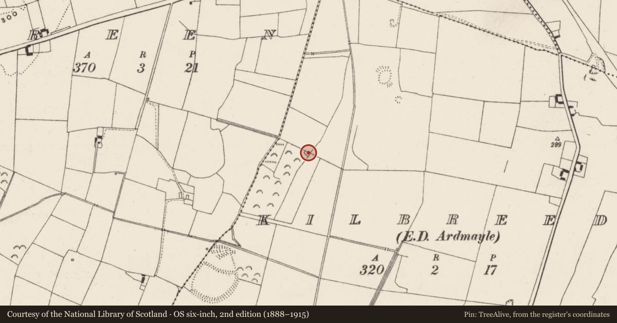Ordnance Survey six-inch map, 2nd edition (1888–1915) covering the location of Enclosure, Kilbreedy (Ardmayle Par.), County Tipperary South, with a pin at the register's coordinates