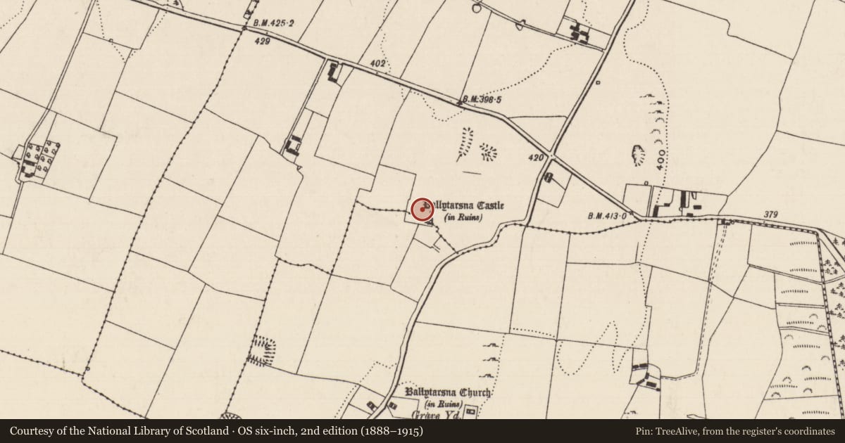Ordnance Survey six-inch map, 2nd edition (1888–1915) covering the location of Bawn, Ballytarsna (Hackett), Aughnagomaun, County Tipperary South, with a pin at the register's coordinates