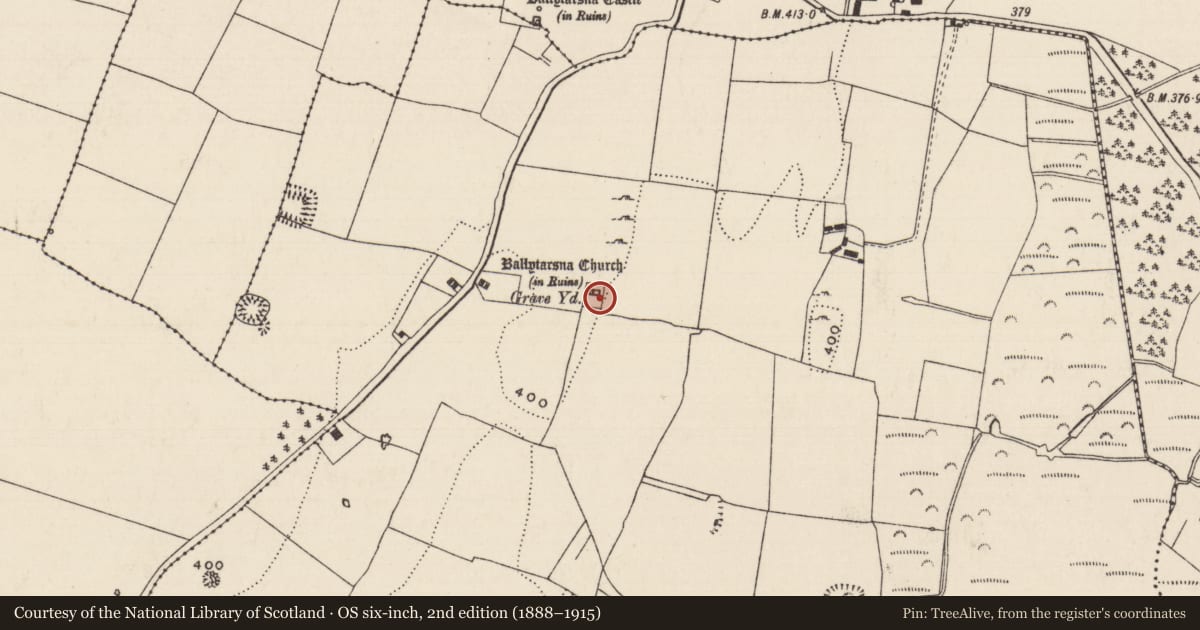 Ordnance Survey six-inch map, 2nd edition (1888–1915) covering the location of Graveyard, Ballytarsna (Hackett), County Tipperary South, with a pin at the register's coordinates