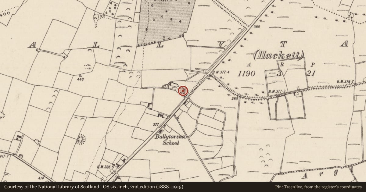 Ordnance Survey six-inch map, 2nd edition (1888–1915) covering the location of Mound, Ballytarsna (Hackett), County Tipperary South, with a pin at the register's coordinates