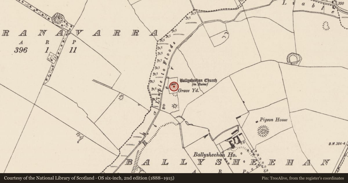 Ordnance Survey six-inch map, 2nd edition (1888–1915) covering the location of Graveyard, Ballysheehan (Ballysheehan Par.), County Tipperary South, with a pin at the register's coordinates