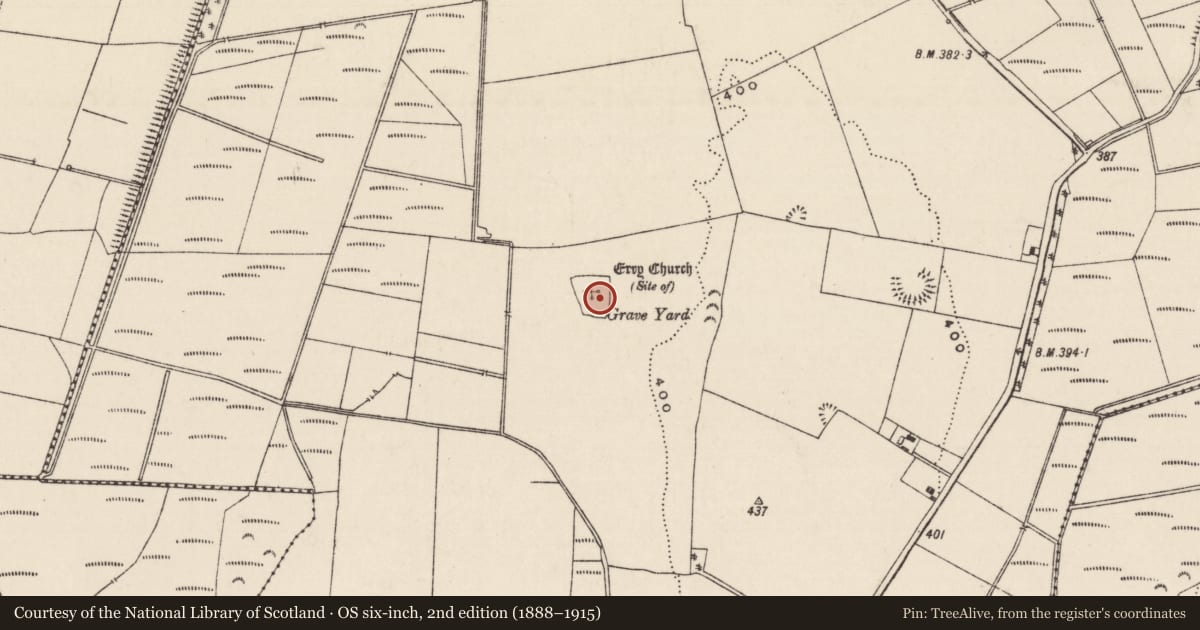 Ordnance Survey six-inch map, 2nd edition (1888–1915) covering the location of Graveyard, Erry, County Tipperary South, with a pin at the register's coordinates