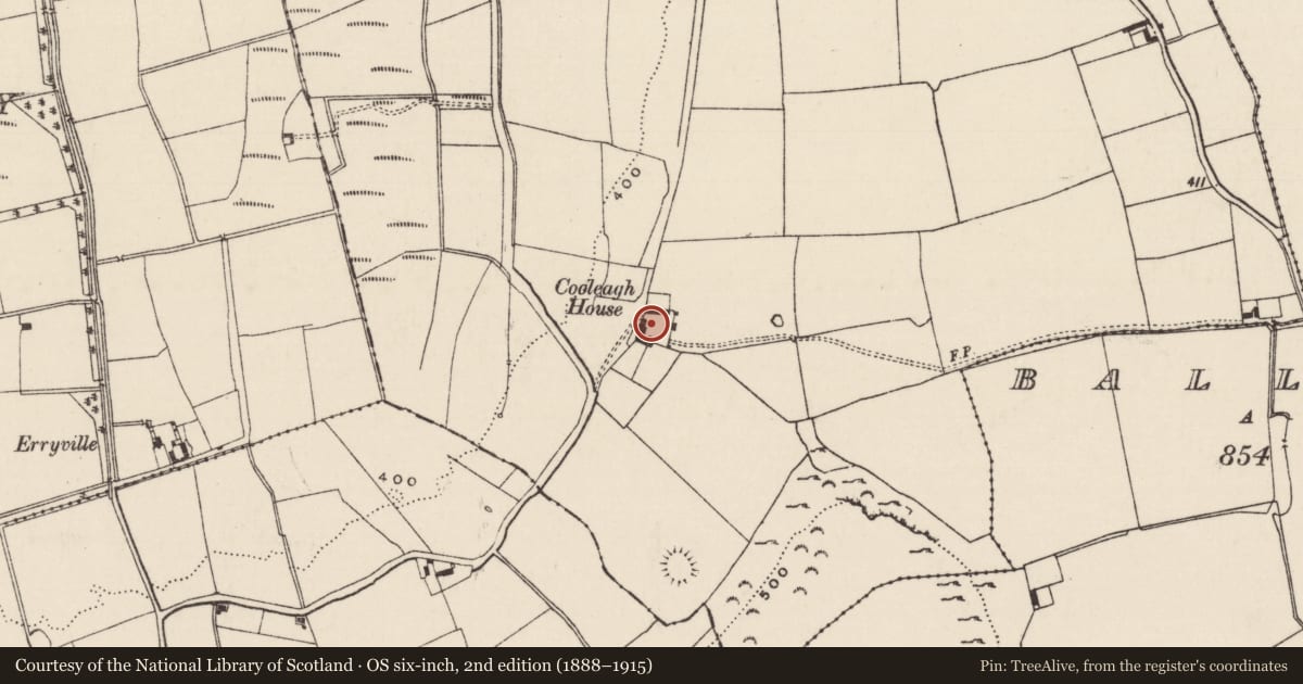 Ordnance Survey six-inch map, 2nd edition (1888–1915) covering the location of Castle - tower house, Cooleagh (Graystown Par.), County Tipperary South, with a pin at the register's coordinates