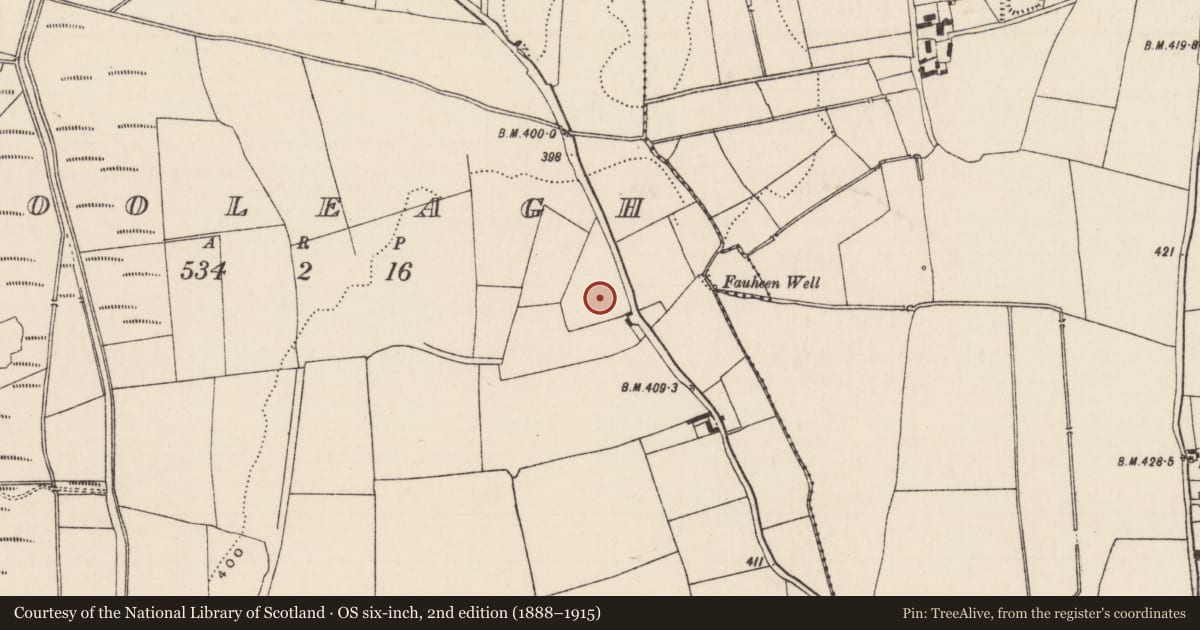 Ordnance Survey six-inch map, 2nd edition (1888–1915) covering the location of Moated site, Cooleagh (Graystown Par.), County Tipperary South, with a pin at the register's coordinates
