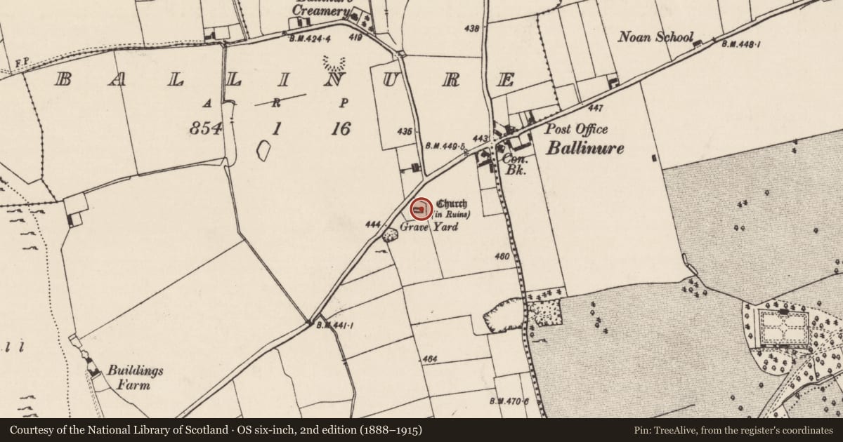 Ordnance Survey six-inch map, 2nd edition (1888–1915) covering the location of Church, Ballinure, County Tipperary South, with a pin at the register's coordinates