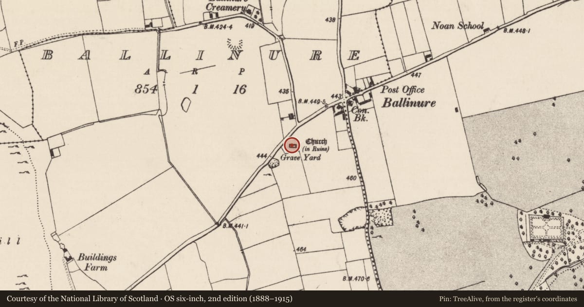 Ordnance Survey six-inch map, 2nd edition (1888–1915) covering the location of Graveyard, Ballinure, County Tipperary South, with a pin at the register's coordinates