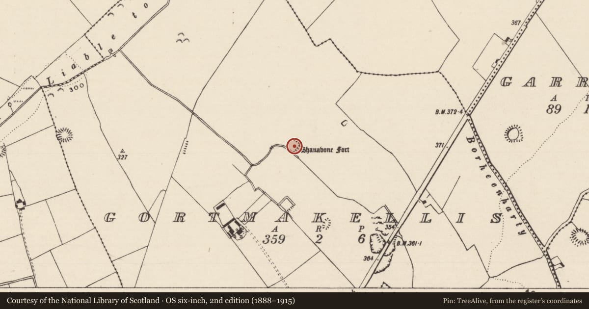 Ordnance Survey six-inch map, 2nd edition (1888–1915) covering the location of Moated site, Gortmakellis, County Tipperary South, with a pin at the register's coordinates