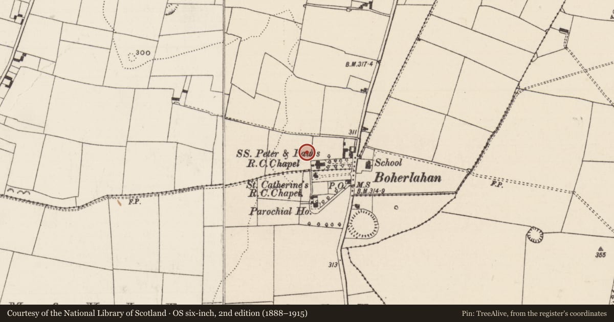 Ordnance Survey six-inch map, 2nd edition (1888–1915) covering the location of Enclosure, Nodstown, County Tipperary South, with a pin at the register's coordinates