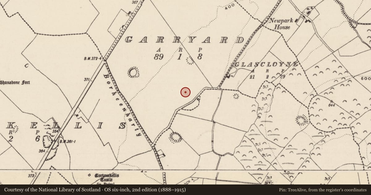 Ordnance Survey six-inch map, 2nd edition (1888–1915) covering the location of Enclosure, Garryard, County Tipperary South, with a pin at the register's coordinates