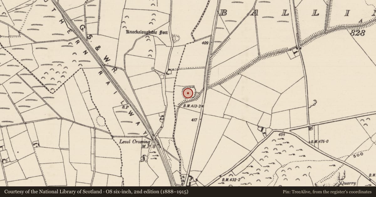 Ordnance Survey six-inch map, 2nd edition (1888–1915) covering the location of Ringfort - rath, Ballintogher (Graystown Par.), County Tipperary South, with a pin at the register's coordinates