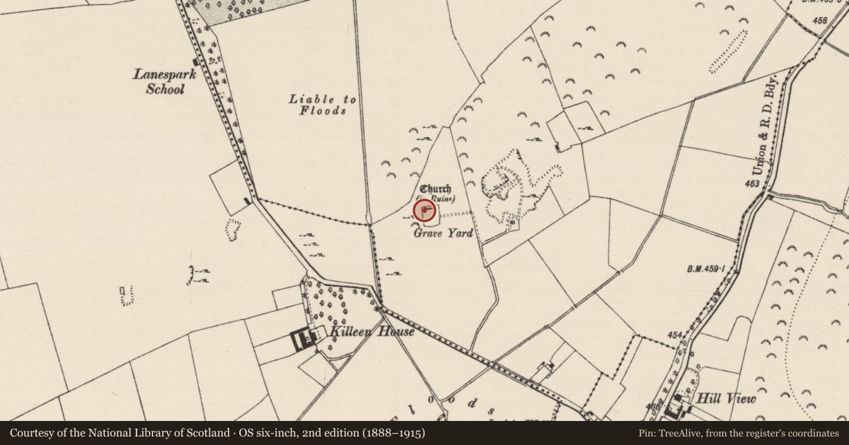 Ordnance Survey six-inch map, 2nd edition (1888–1915) covering the location of Church, Lanespark, County Tipperary South, with a pin at the register's coordinates