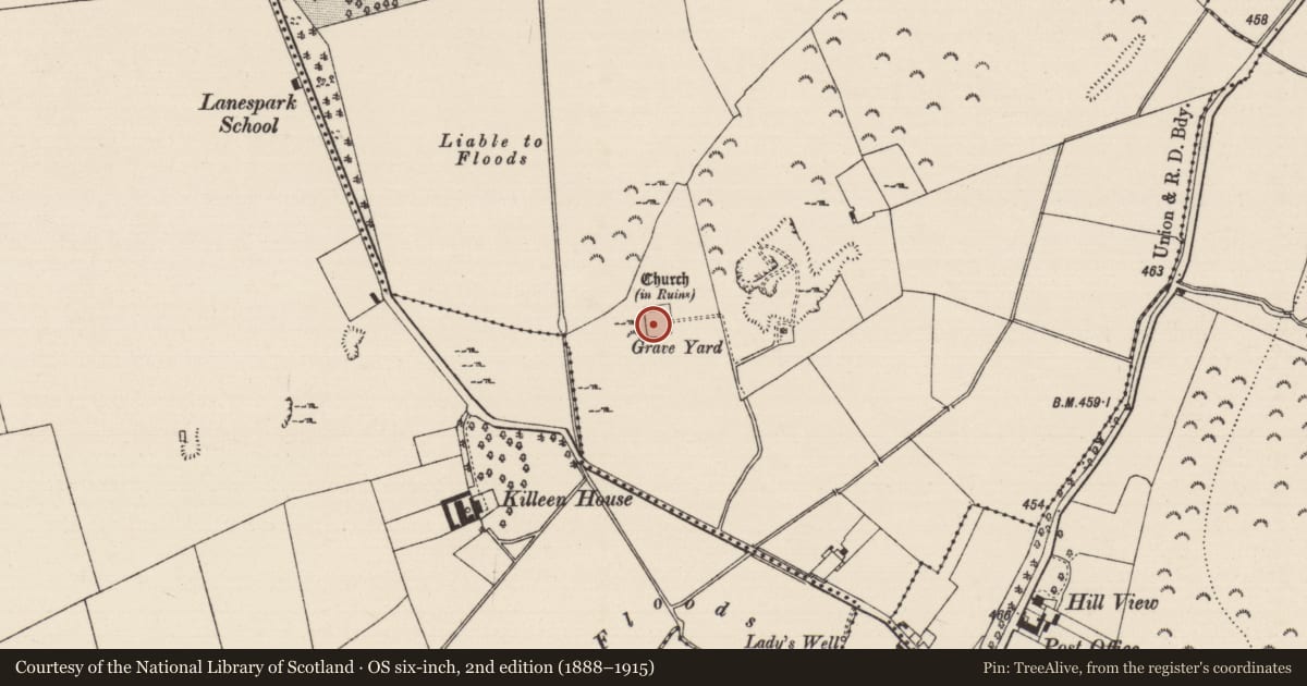 Ordnance Survey six-inch map, 2nd edition (1888–1915) covering the location of Graveyard, Lanespark, County Tipperary South, with a pin at the register's coordinates