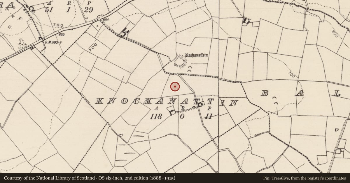 Ordnance Survey six-inch map, 2nd edition (1888–1915) covering the location of Enclosure, Knockanattin, County Tipperary South, with a pin at the register's coordinates