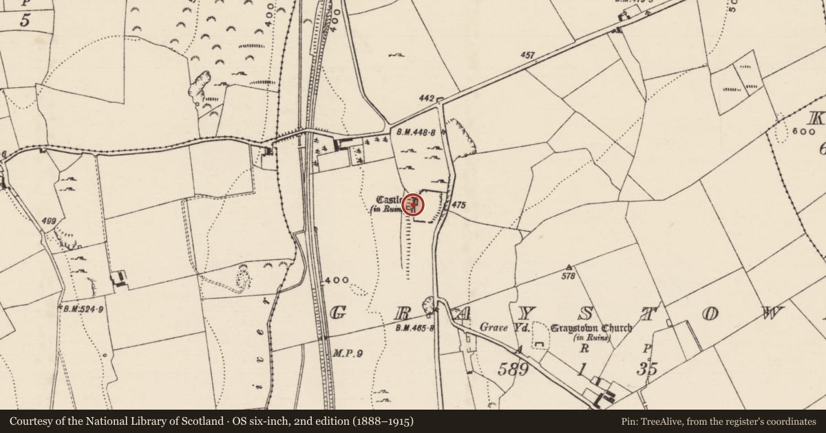 Ordnance Survey six-inch map, 2nd edition (1888–1915) covering the location of Castle - tower house, Graystown, County Tipperary South, with a pin at the register's coordinates