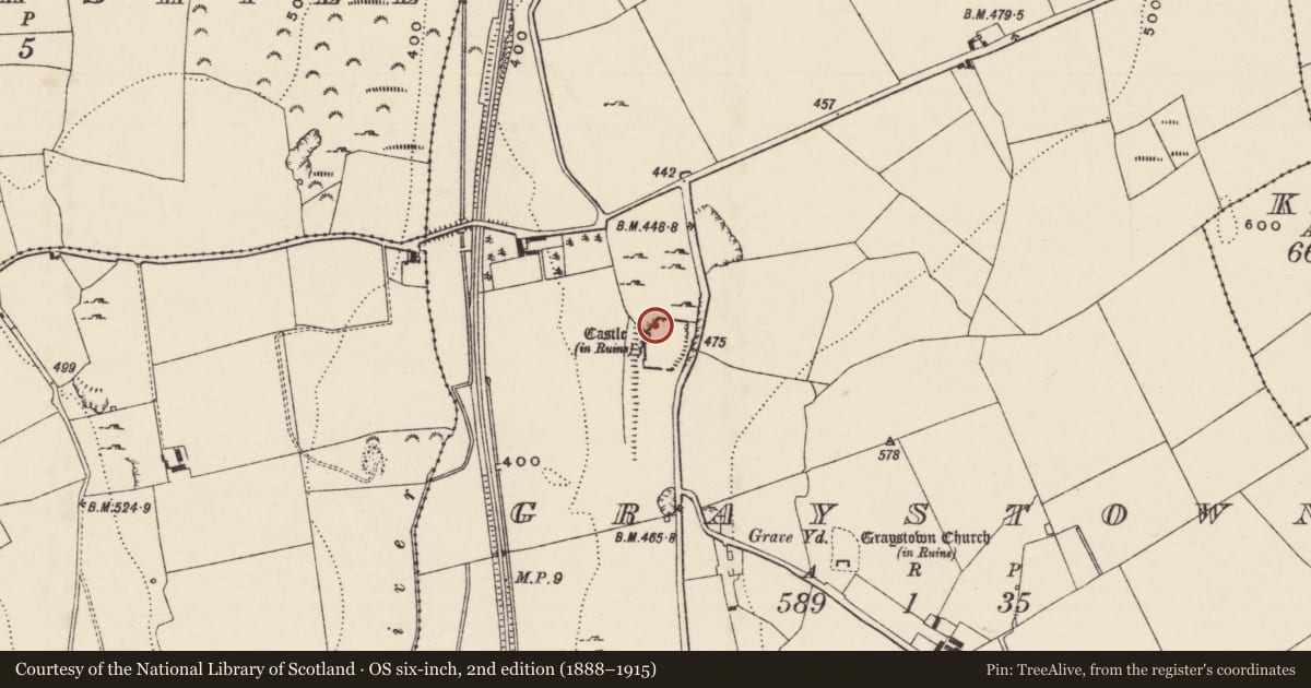 Ordnance Survey six-inch map, 2nd edition (1888–1915) covering the location of House - 16th/17th century, Graystown, County Tipperary South, with a pin at the register's coordinates