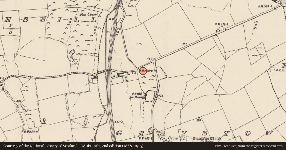 Ordnance Survey six-inch map, 2nd edition (1888–1915) covering the location of House - 17th century, Graystown, County Tipperary South, with a pin at the register's coordinates