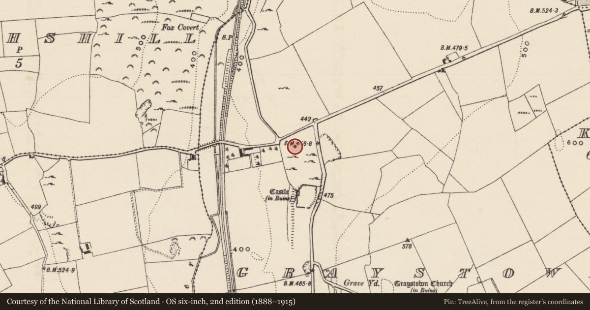 Ordnance Survey six-inch map, 2nd edition (1888–1915) covering the location of House - 17th century, Graystown, County Tipperary South, with a pin at the register's coordinates
