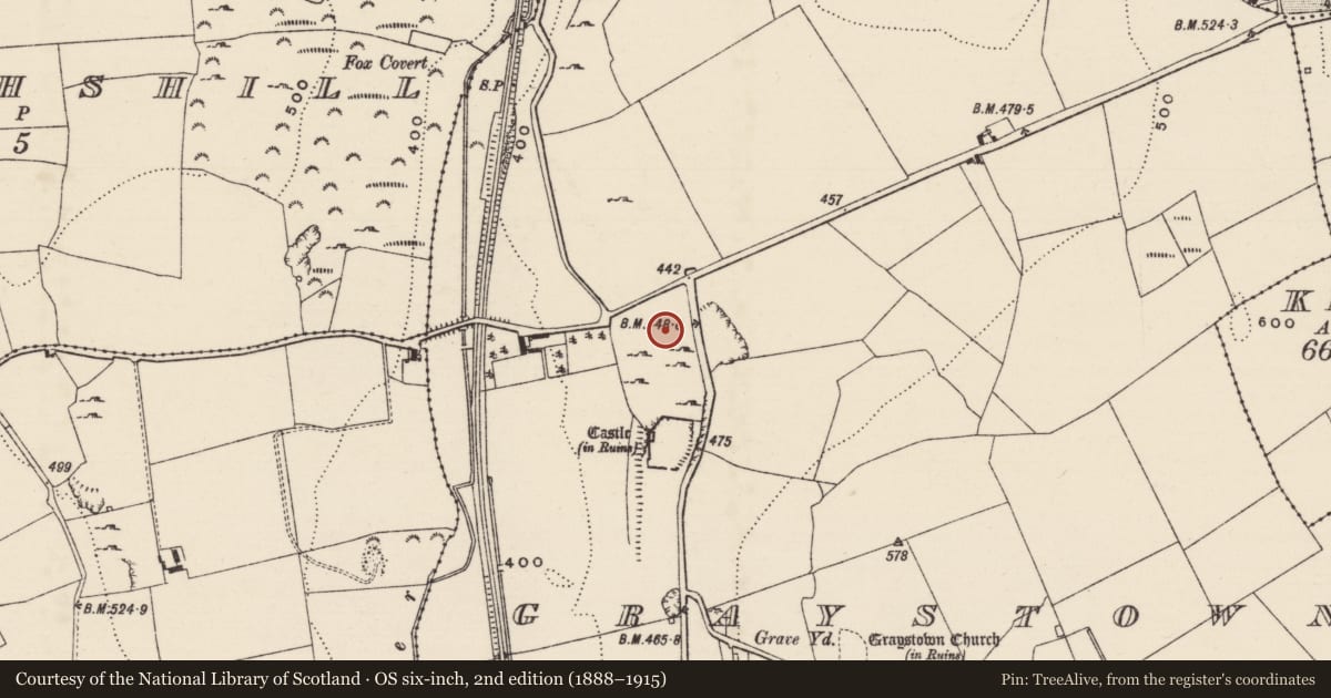 Ordnance Survey six-inch map, 2nd edition (1888–1915) covering the location of Enclosure, Graystown, County Tipperary South, with a pin at the register's coordinates