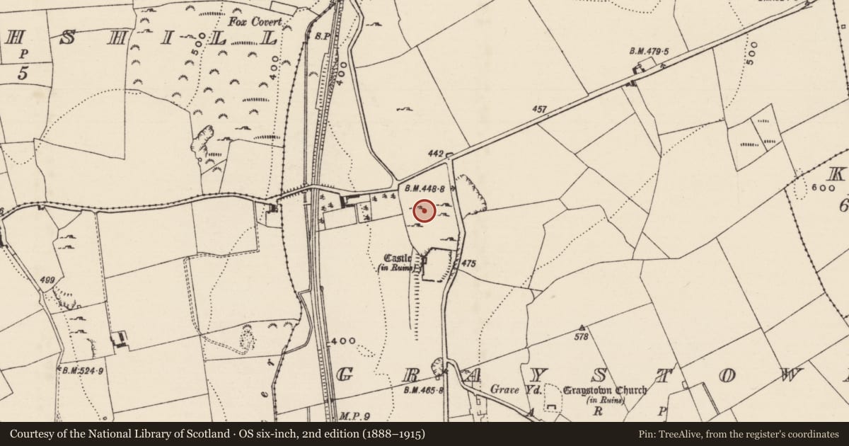 Ordnance Survey six-inch map, 2nd edition (1888–1915) covering the location of Enclosure, Graystown, County Tipperary South, with a pin at the register's coordinates