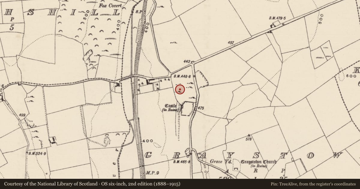Ordnance Survey six-inch map, 2nd edition (1888–1915) covering the location of House - 17th century, Graystown, County Tipperary South, with a pin at the register's coordinates