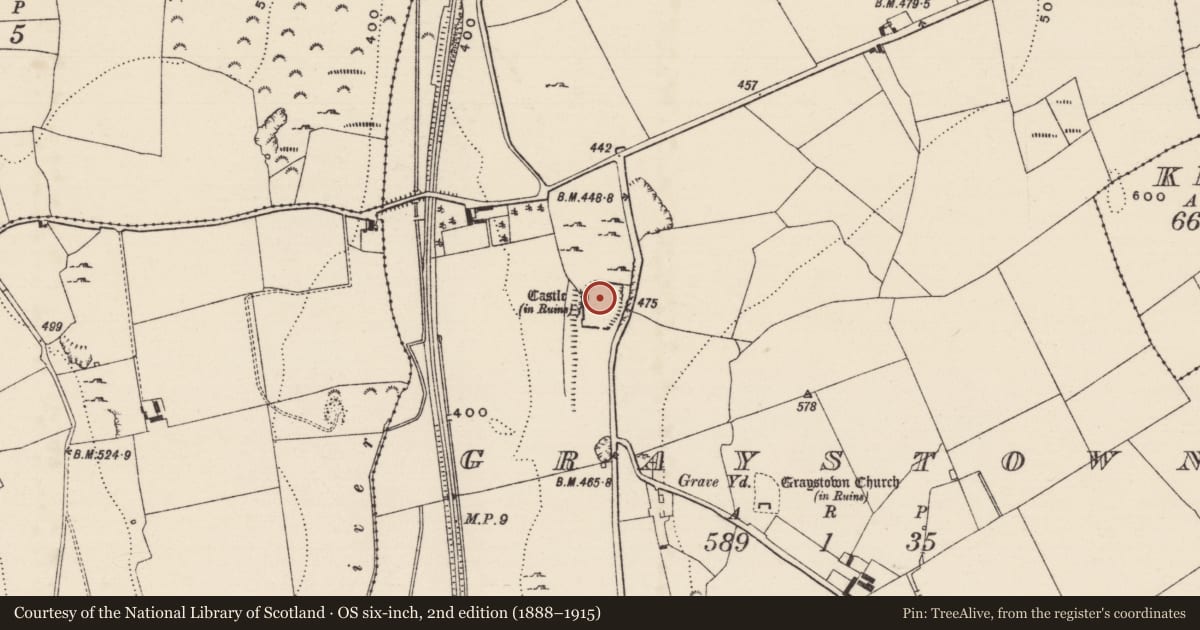 Ordnance Survey six-inch map, 2nd edition (1888–1915) covering the location of Enclosure, Graystown, County Tipperary South, with a pin at the register's coordinates