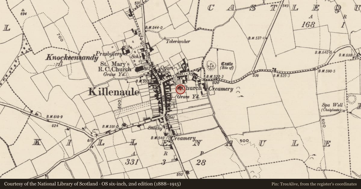 Ordnance Survey six-inch map, 2nd edition (1888–1915) covering the location of Church, Killenaule (Killenaule Par.), County Tipperary South, with a pin at the register's coordinates