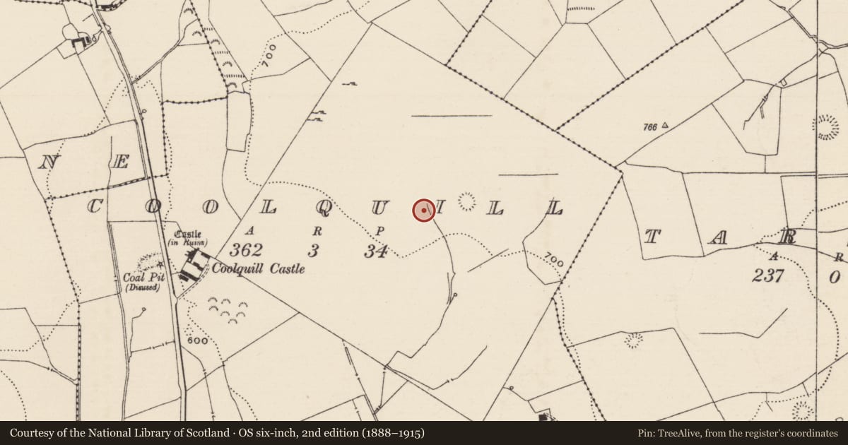 Ordnance Survey six-inch map, 2nd edition (1888–1915) covering the location of Deer park, Coolquill, County Tipperary South, with a pin at the register's coordinates