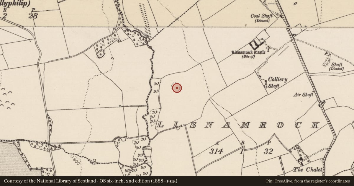 Ordnance Survey six-inch map, 2nd edition (1888–1915) covering the location of Ringfort - rath, Lisnamrock, County Tipperary South, with a pin at the register's coordinates