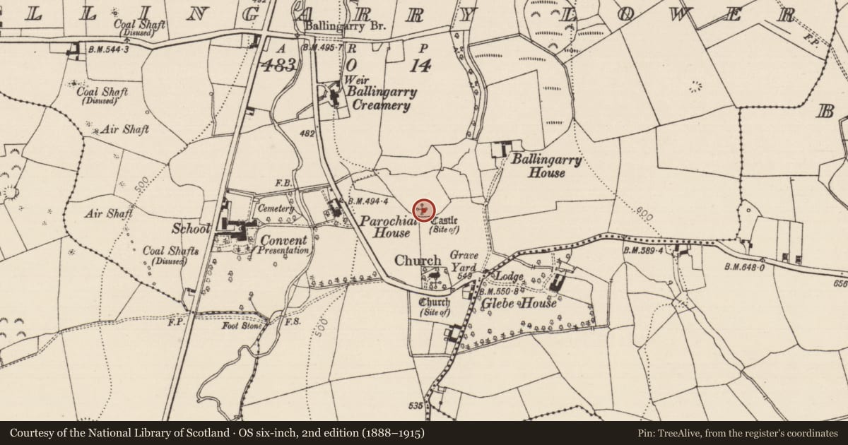 Ordnance Survey six-inch map, 2nd edition (1888–1915) covering the location of Castle - unclassified, Ballingarry Lower, County Tipperary South, with a pin at the register's coordinates