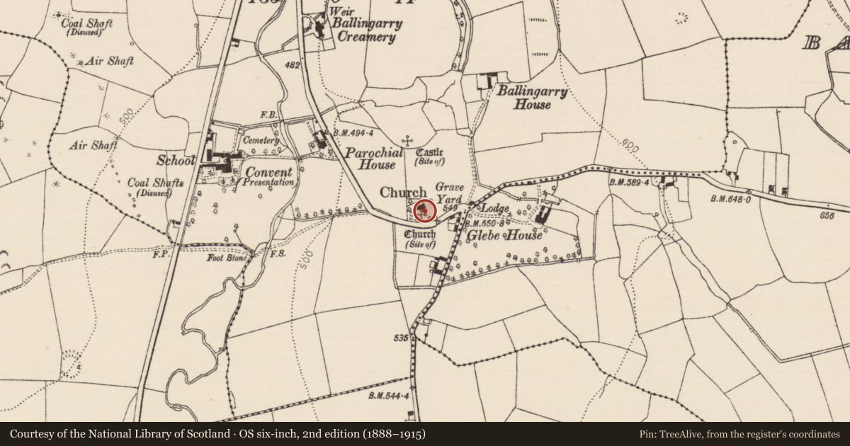 Ordnance Survey six-inch map, 2nd edition (1888–1915) covering the location of Graveyard, Ballingarry Lower, County Tipperary South, with a pin at the register's coordinates