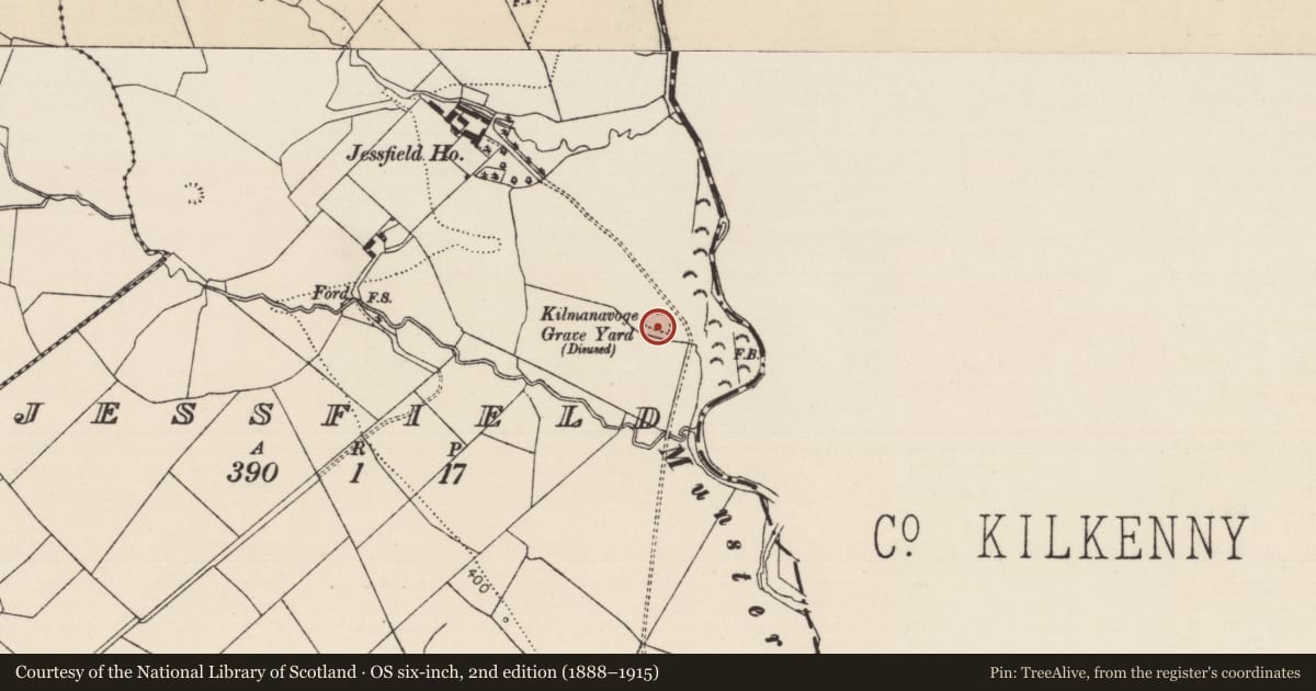 Ordnance Survey six-inch map, 2nd edition (1888–1915) covering the location of Burial ground, Jessfield, County Tipperary South, with a pin at the register's coordinates
