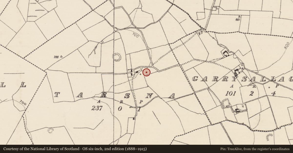 Ordnance Survey six-inch map, 2nd edition (1888–1915) covering the location of Enclosure, Tarsna, County Tipperary South, with a pin at the register's coordinates
