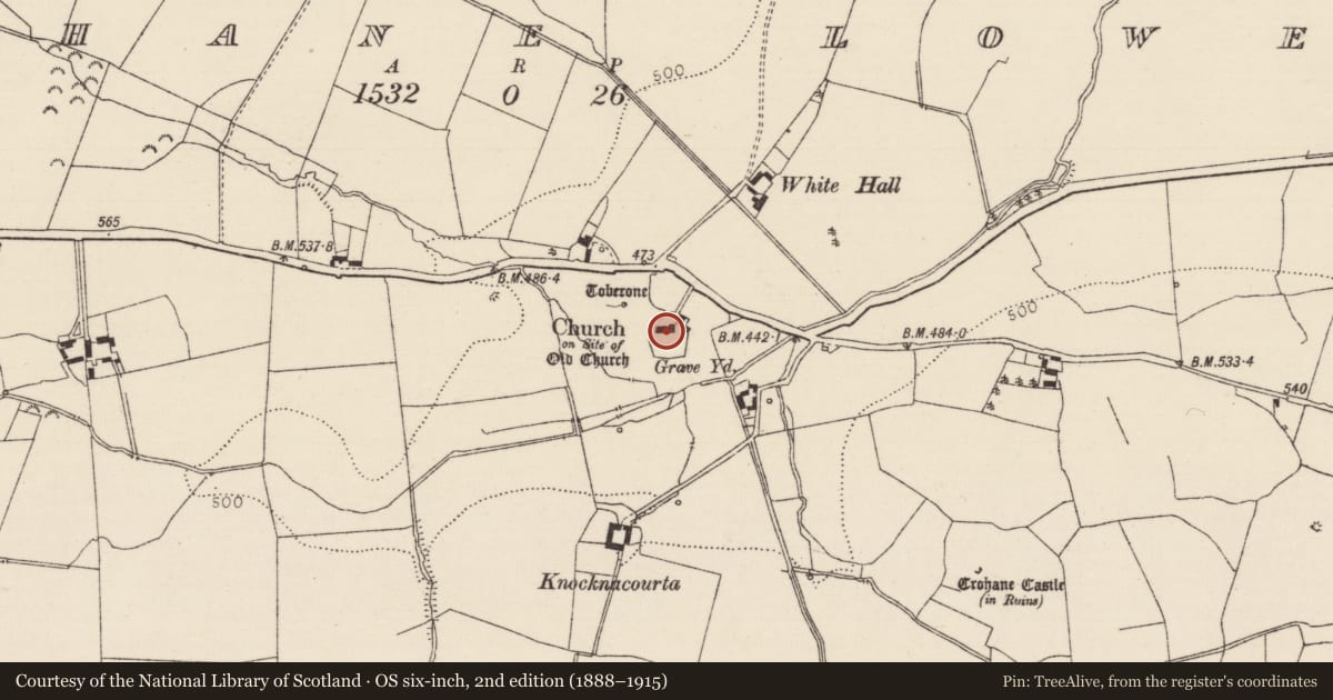 Ordnance Survey six-inch map, 2nd edition (1888–1915) covering the location of Church, Crohane Lower, County Tipperary South, with a pin at the register's coordinates
