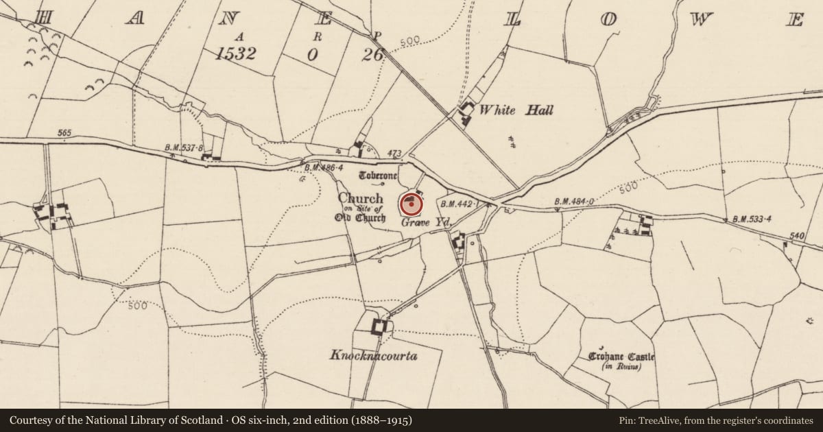 Ordnance Survey six-inch map, 2nd edition (1888–1915) covering the location of Graveyard, Crohane Lower, County Tipperary South, with a pin at the register's coordinates