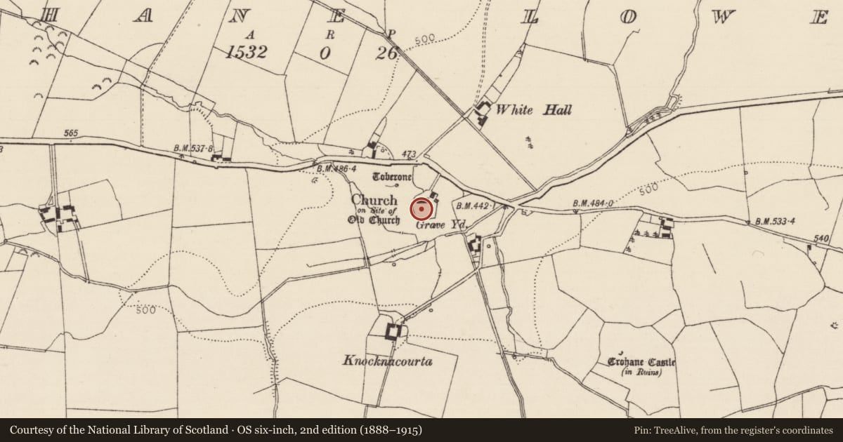 Ordnance Survey six-inch map, 2nd edition (1888–1915) covering the location of Graveslab, Crohane Lower, County Tipperary South, with a pin at the register's coordinates