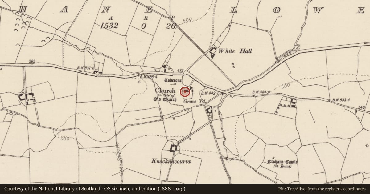 Ordnance Survey six-inch map, 2nd edition (1888–1915) covering the location of Graveslab, Crohane Lower, County Tipperary South, with a pin at the register's coordinates
