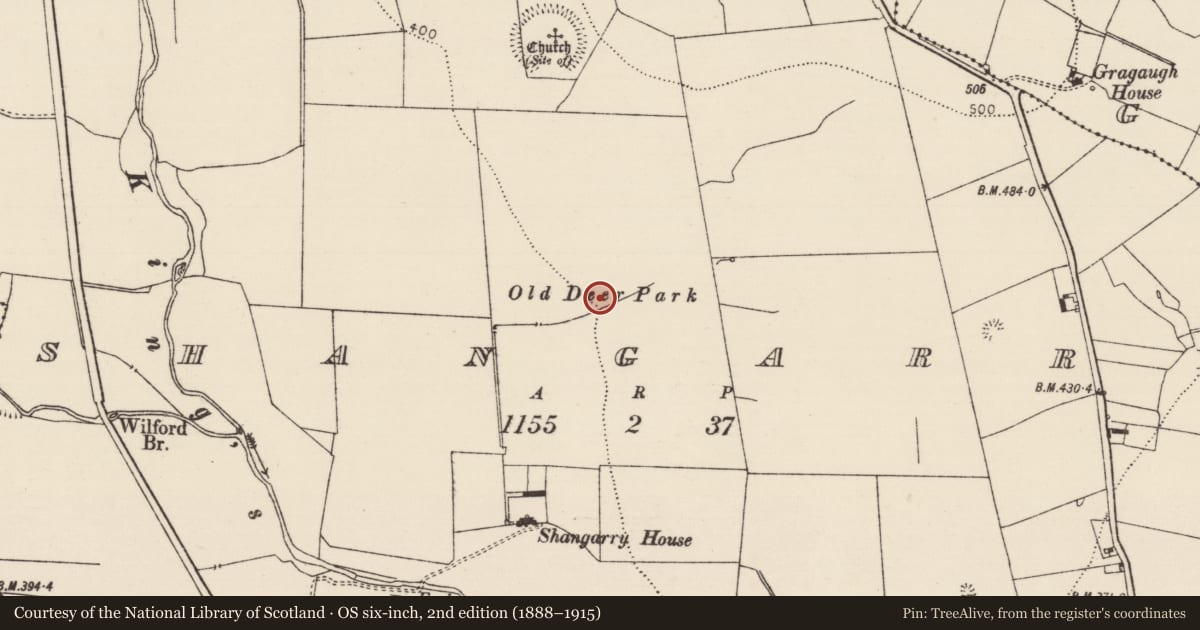 Ordnance Survey six-inch map, 2nd edition (1888–1915) covering the location of Deer park, Shangarry, County Tipperary South, with a pin at the register's coordinates