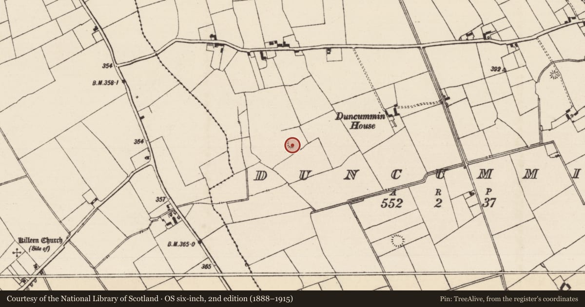 Ordnance Survey six-inch map, 2nd edition (1888–1915) covering the location of Barrow - bowl-barrow, Duncummin, County Tipperary South, with a pin at the register's coordinates