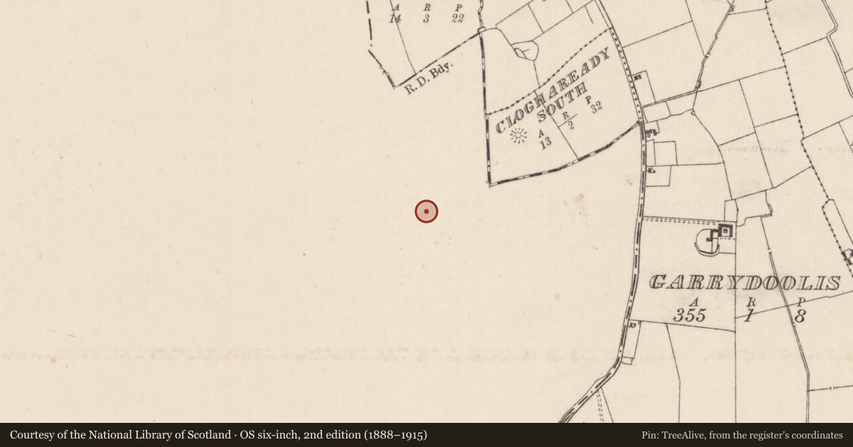 Ordnance Survey six-inch map, 2nd edition (1888–1915) covering the location of Moated site, Cloghaready, County Tipperary South, with a pin at the register's coordinates