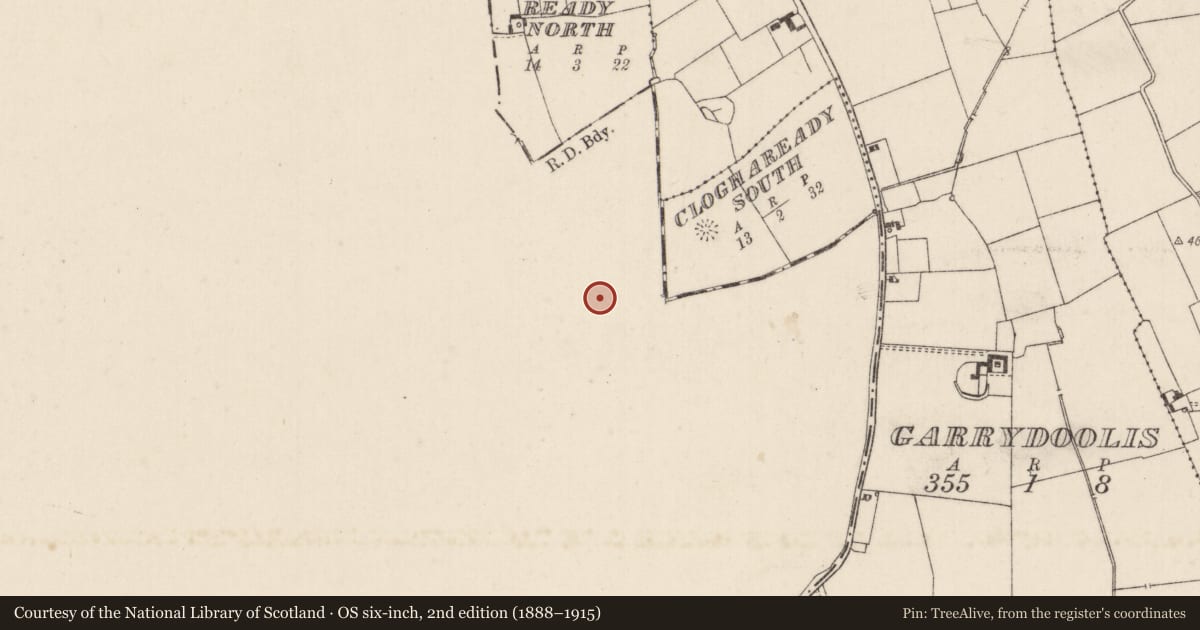 Ordnance Survey six-inch map, 2nd edition (1888–1915) covering the location of Moated site, Cloghaready, County Tipperary South, with a pin at the register's coordinates