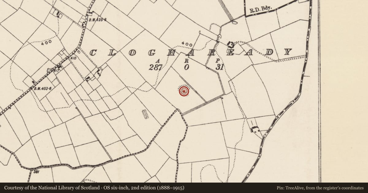 Ordnance Survey six-inch map, 2nd edition (1888–1915) covering the location of Barrow - stepped barrow, Cloghaready, County Tipperary South, with a pin at the register's coordinates