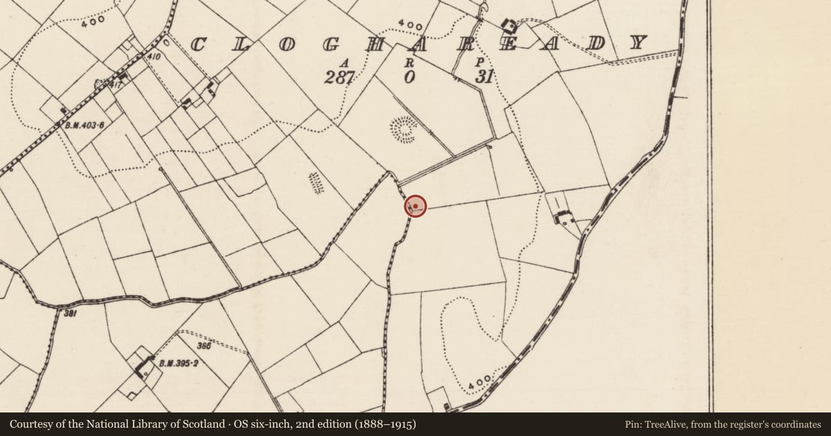 Ordnance Survey six-inch map, 2nd edition (1888–1915) covering the location of Enclosure, Chantersland, Cloghaready, County Tipperary South, with a pin at the register's coordinates