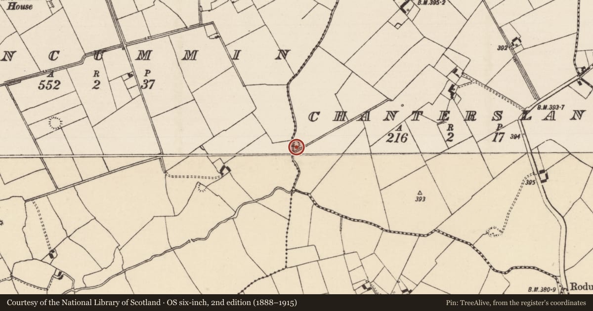 Ordnance Survey six-inch map, 2nd edition (1888–1915) covering the location of Enclosure, Chantersland, Duncummin, County Tipperary South, with a pin at the register's coordinates