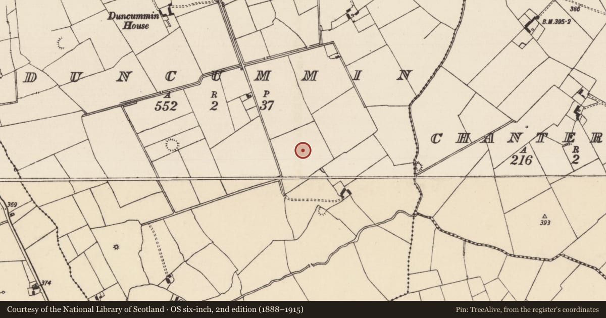 Ordnance Survey six-inch map, 2nd edition (1888–1915) covering the location of Field system, Duncummin, County Tipperary South, with a pin at the register's coordinates